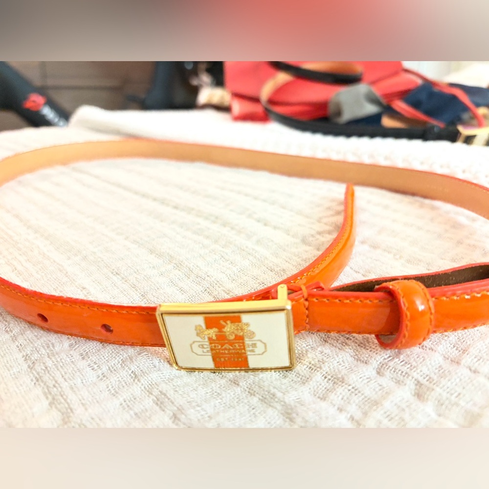 Coach Orange Patent Leather Belt with Gold Logo Buckle